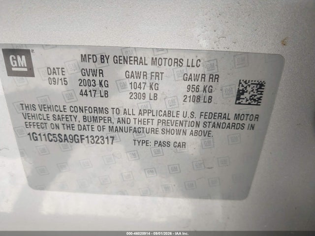 46020914 :رقم المزاد ، 1G11C5SA9GF132317 vin ، 2016 Chevrolet Malibu Limited Lt مزاد بيع