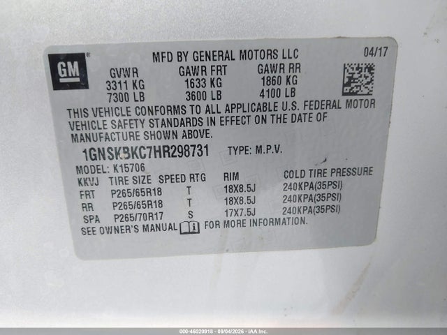 46020918 :رقم المزاد ، 1GNSKBKC7HR298731 vin ، 2017 Chevrolet Tahoe Lt مزاد بيع