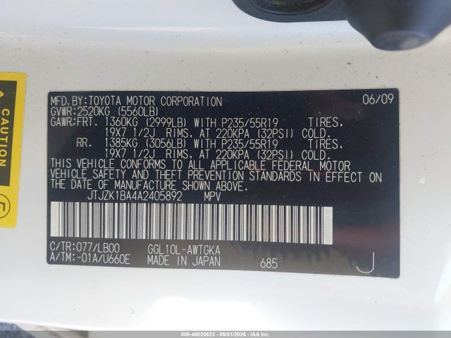 46020923 :رقم المزاد ، JTJZK1BA4A2405892 vin ، 2010 Lexus Rx 350 مزاد بيع