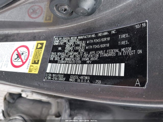 Продаж на аукціоні авто 2016 Toyota Highlander Le V6, vin: 5TDBKRFH3GS351299, номер лоту: 46020935