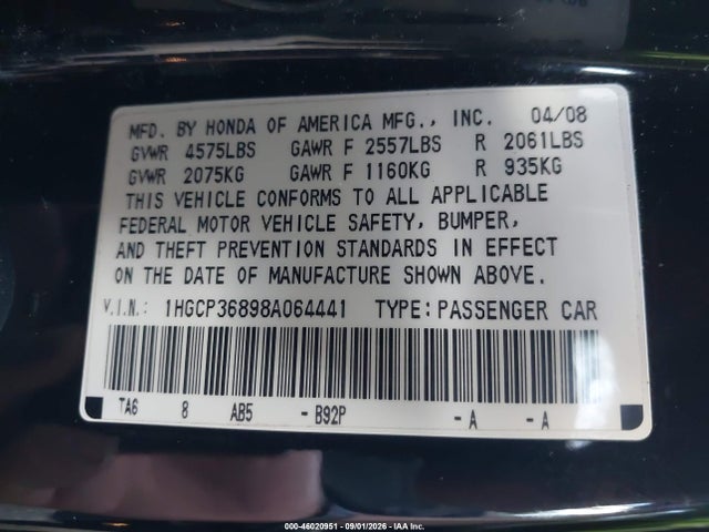 Aukcja sprzedaży 2008 Honda Accord 3.5 Ex-l, vin: 1HGCP36898A064441, numer aukcji: 46020951