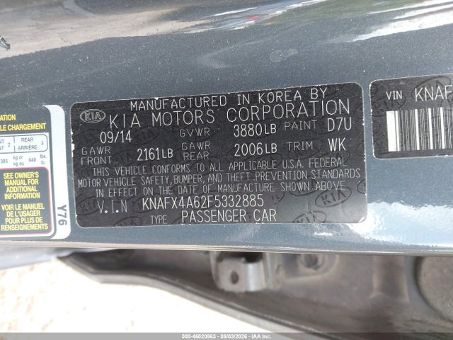 Продажа на аукционе авто 2015 Kia Forte Lx, vin: KNAFX4A62F5332885, номер лота: 46020963
