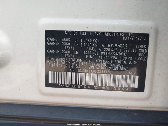 46020967 :رقم المزاد ، 4S4BRCLC0E3313170 vin ، 2014 Subaru Outback 2.5i Limited مزاد بيع