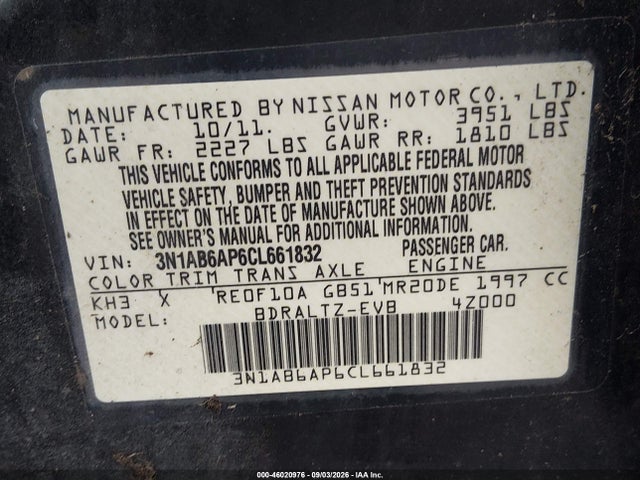 2012 Nissan Sentra 2.0 Sr მანქანა იყიდება აუქციონზე, vin: 3N1AB6AP6CL661832, აუქციონის ნომერი: 46020976