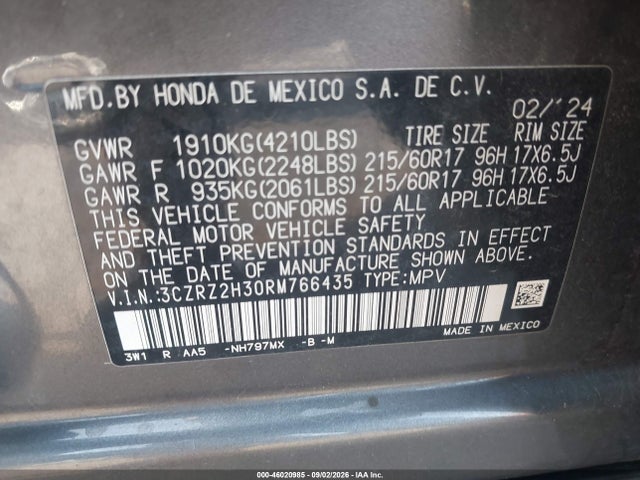 Продаж на аукціоні авто 2024 Honda Hr-v Awd Lx, vin: 3CZRZ2H30RM766435, номер лоту: 46020985