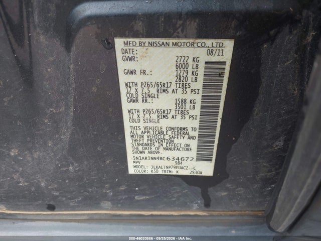 46020986 :رقم المزاد ، 5N1AR1NN4BC634672 vin ، 2011 Nissan Pathfinder Sv مزاد بيع