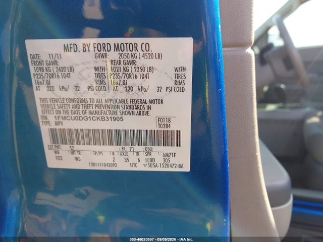 2012 Ford Escape Xlt მანქანა იყიდება აუქციონზე, vin: 1FMCU0DG1CKB31905, აუქციონის ნომერი: 46020997