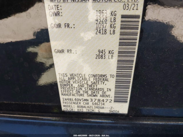 Nissan Altima Sv Fwd 2021 1N4BL4DV5MN378472 Image 9