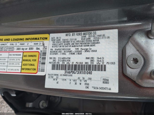 Продаж на аукціоні авто 2014 Ford Fusion S, vin: 3FA6P0G73ER101040, номер лоту: 46021004