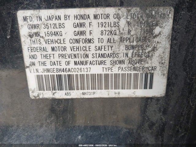 2010 Honda Fit Sport მანქანა იყიდება აუქციონზე, vin: JHMGE8H46AC026137, აუქციონის ნომერი: 46021006