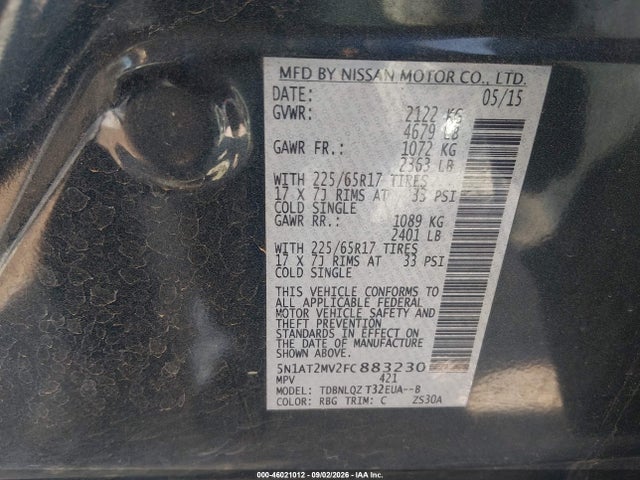 Продаж на аукціоні авто 2015 Nissan Rogue Sv, vin: 5N1AT2MV2FC883230, номер лоту: 46021012