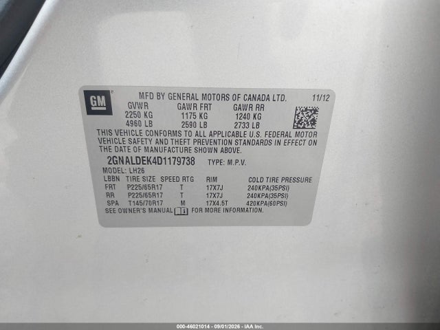 46021014 :رقم المزاد ، 2GNALDEK4D1179738 vin ، 2013 Chevrolet Equinox 1lt مزاد بيع