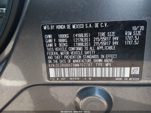 46021018 :رقم المزاد ، 3CZRU6H79MM707787 vin ، 2021 Honda Hr-v Awd Ex-l مزاد بيع