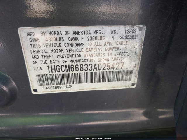Продаж на аукціоні авто 2003 Honda Accord 3.0 Ex, vin: 1HGCM66833A025427, номер лоту: 46021026