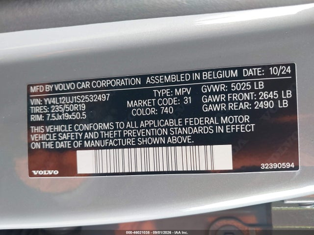Auction sale of the 2025 Volvo Xc40 B5 Core Bright Theme, vin: YV4L12UJ1S2532497, lot number: 46021038