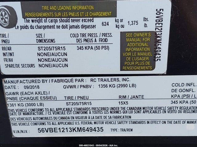 Продаж на аукціоні авто 2019 Rc 6x12 V Nos, vin: 56VBE1213KM649435, номер лоту: 46021043