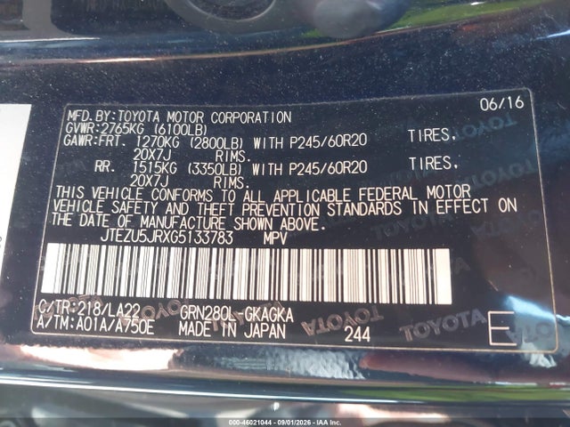 46021044 :رقم المزاد ، JTEZU5JRXG5133783 vin ، 2016 Toyota 4runner Limited/sr5/sr5 Premium مزاد بيع