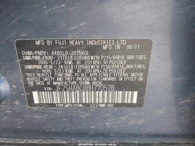 2011 Subaru Forester 2.5x მანქანა იყიდება აუქციონზე, vin: JF2SHABC8BH770578, აუქციონის ნომერი: 46021069