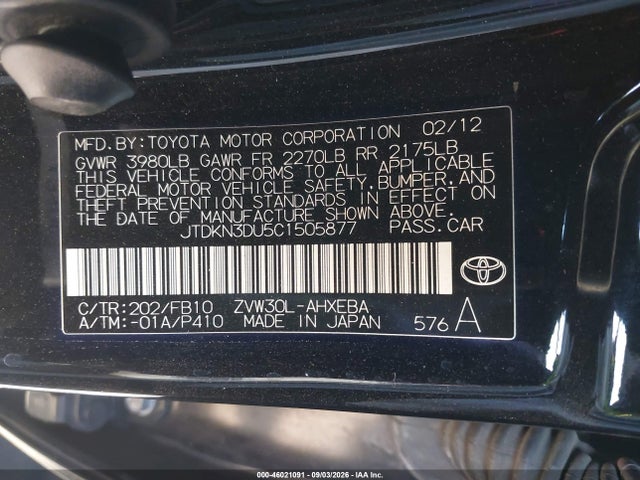 Aukcja sprzedaży 2012 Toyota Prius Three, vin: JTDKN3DU5C1505877, numer aukcji: 46021091
