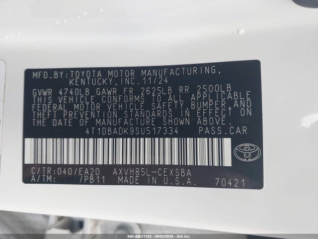 46021102 :رقم المزاد ، 4T1DBADK9SU517334 vin ، 2025 Toyota Camry Se مزاد بيع