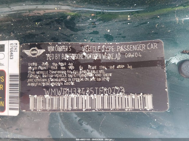 Продажа на аукционе авто 2005 Mini Cooper S, vin: WMWRH33435TF80723, номер лота: 46021103