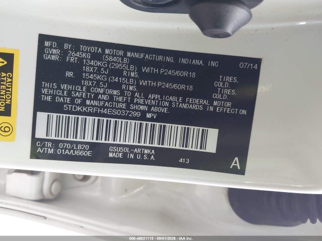 2014 Toyota Highlander Xle V6 მანქანა იყიდება აუქციონზე, vin: 5TDKKRFH4ES037299, აუქციონის ნომერი: 46021115