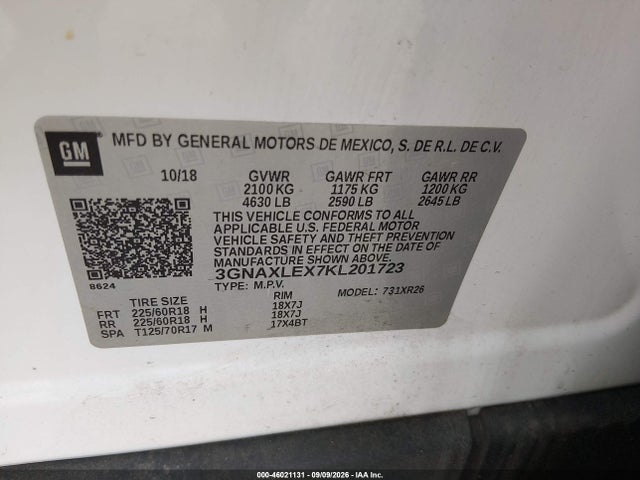 46021131 :رقم المزاد ، 3GNAXLEX7KL201723 vin ، 2019 Chevrolet Equinox Lt مزاد بيع