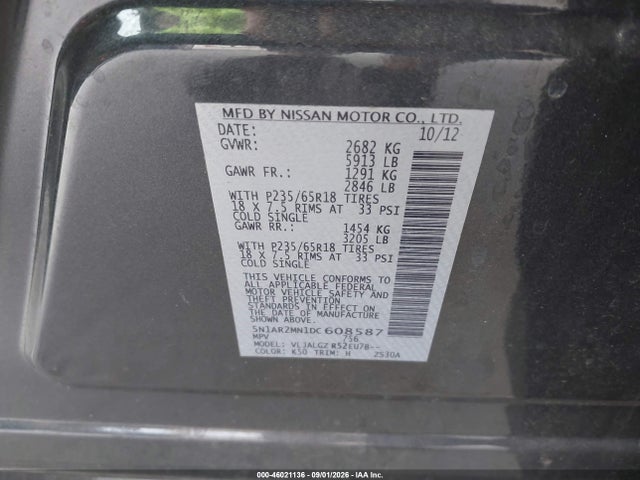 Продаж на аукціоні авто 2013 Nissan Pathfinder Sl, vin: 5N1AR2MN1DC608587, номер лоту: 46021136