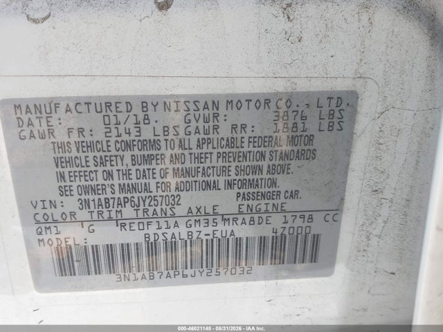 3N1AB7AP6JY257032 Nissan SENTRA S