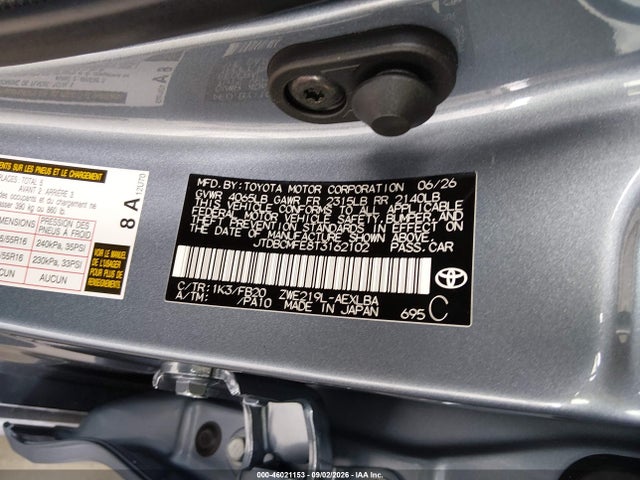 46021153 :رقم المزاد ، JTDBCMFE8T3162102 vin ، 2026 Toyota Corolla Hybrid Hybrid Le مزاد بيع
