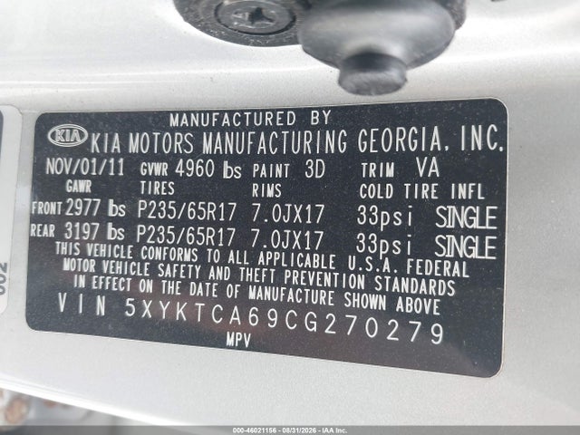 46021156 :رقم المزاد ، 5XYKTCA69CG270279 vin ، 2012 Kia Sorento Lx مزاد بيع