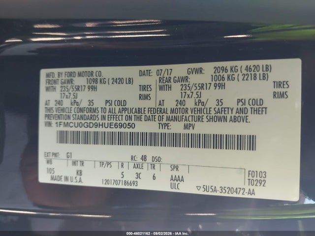 46021162 :رقم المزاد ، 1FMCU0GD9HUE69050 vin ، 2017 Ford Escape Se مزاد بيع