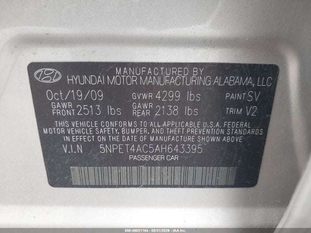 2010 Hyundai Sonata Gls მანქანა იყიდება აუქციონზე, vin: 5NPET4AC5AH643395, აუქციონის ნომერი: 46021164