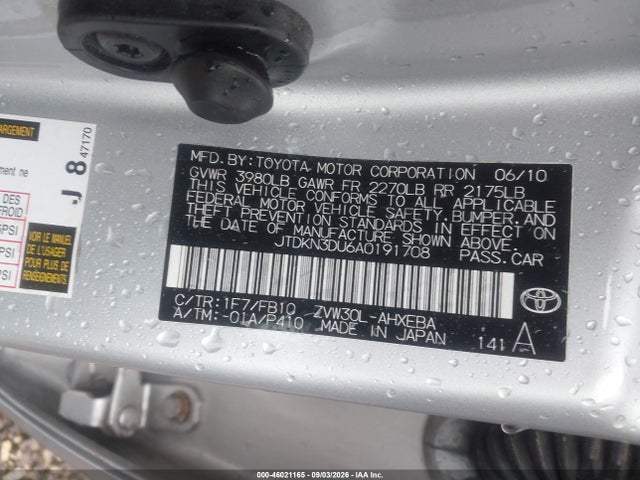 Aukcja sprzedaży 2010 Toyota Prius Iii, vin: JTDKN3DU6A0191708, numer aukcji: 46021165