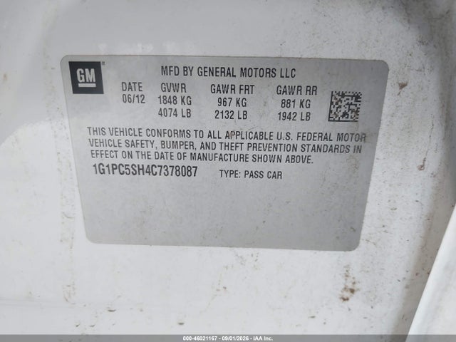 Продажа на аукционе авто 2012 Chevrolet Cruze Ls, vin: 1G1PC5SH4C7378087, номер лота: 46021167