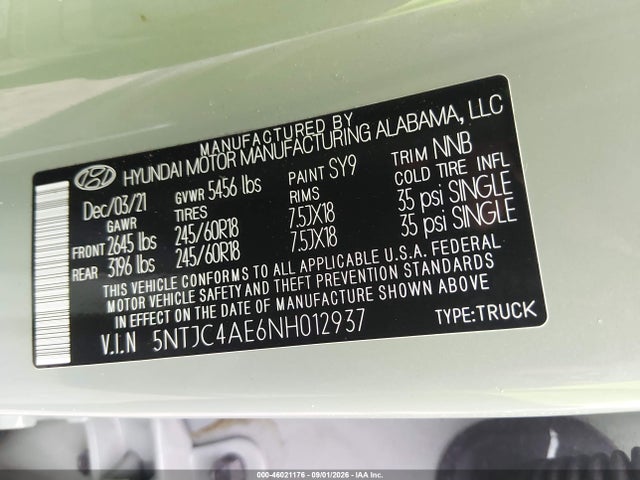 2022 Hyundai Santa Cruz Sel მანქანა იყიდება აუქციონზე, vin: 5NTJC4AE6NH012937, აუქციონის ნომერი: 46021176