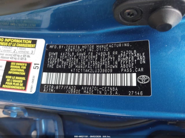 2020 Toyota Camry Le მანქანა იყიდება აუქციონზე, vin: 4T1C11AK2LU339609, აუქციონის ნომერი: 46021181