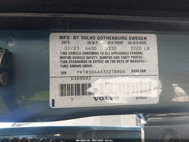 46021182 :رقم المزاد ، YV1RS64AX32278804 vin ، 2003 Volvo S60 2.4 مزاد بيع