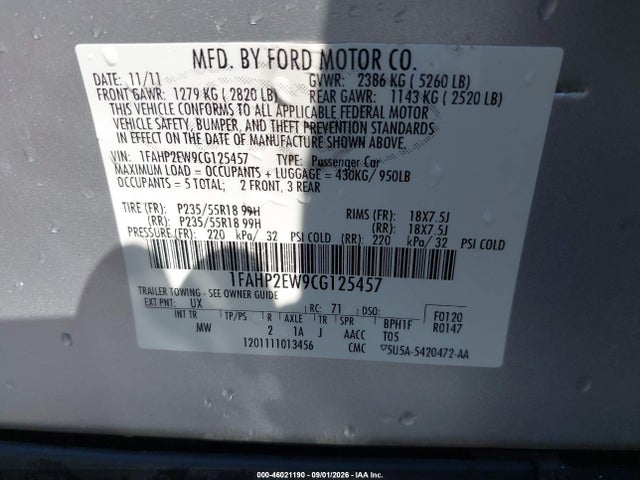 Продаж на аукціоні авто 2012 Ford Taurus Sel, vin: 1FAHP2EW9CG125457, номер лоту: 46021190
