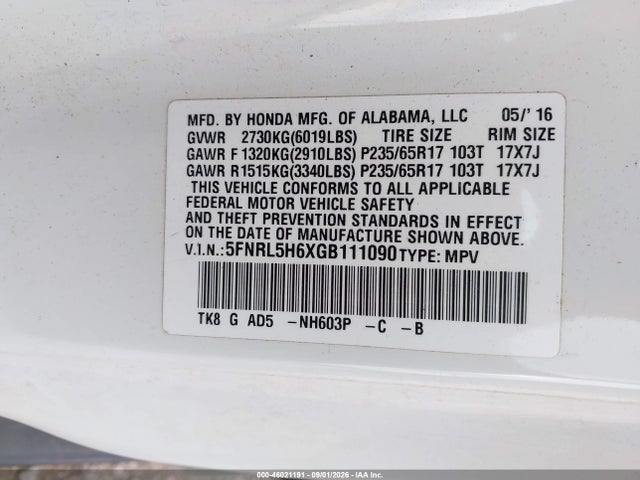 Aukcja sprzedaży 2016 Honda Odyssey Ex-l, vin: 5FNRL5H6XGB111090, numer aukcji: 46021191