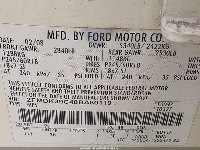 46021218 :رقم المزاد ، 2FMDK39C48BA60119 vin ، 2008 Ford Edge Limited مزاد بيع