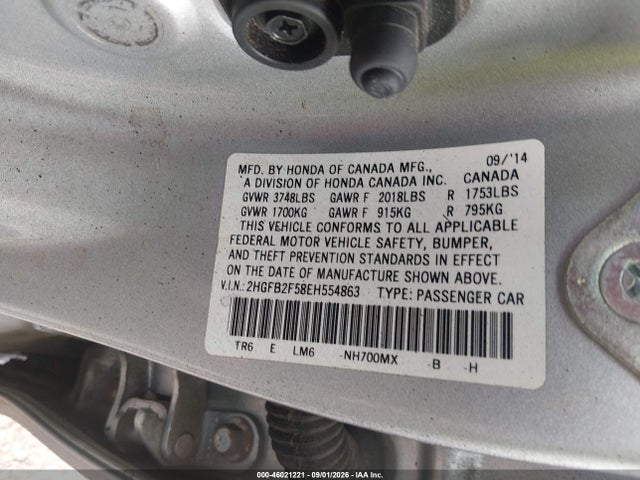 2014 Honda Civic Lx მანქანა იყიდება აუქციონზე, vin: 2HGFB2F58EH554863, აუქციონის ნომერი: 46021221