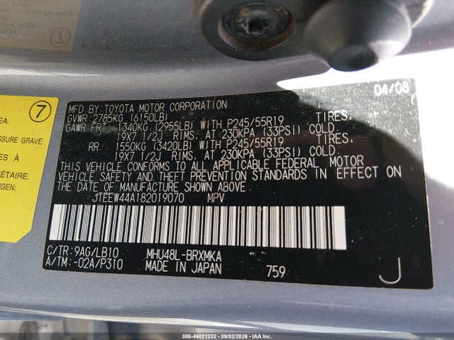 46021232 :رقم المزاد ، JTEEW44A182019070 vin ، 2008 Toyota Highlander Hybrid Limited مزاد بيع