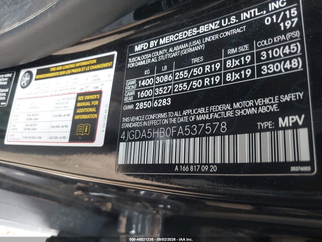Продаж на аукціоні авто 2015 Mercedes-benz Ml 350 4matic, vin: 4JGDA5HB0FA537578, номер лоту: 46021236
