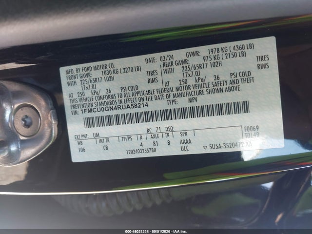46021238 :رقم المزاد ، 1FMCU0GN4RUA58214 vin ، 2024 Ford Escape Active مزاد بيع