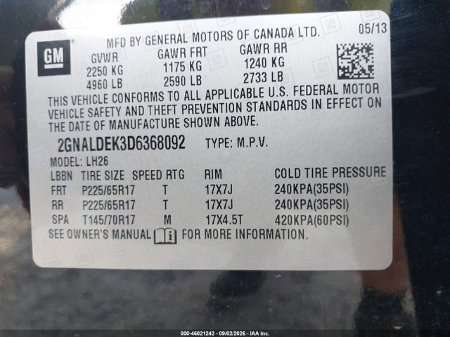 2013 Chevrolet Equinox 1lt მანქანა იყიდება აუქციონზე, vin: 2GNALDEK3D6368092, აუქციონის ნომერი: 46021242