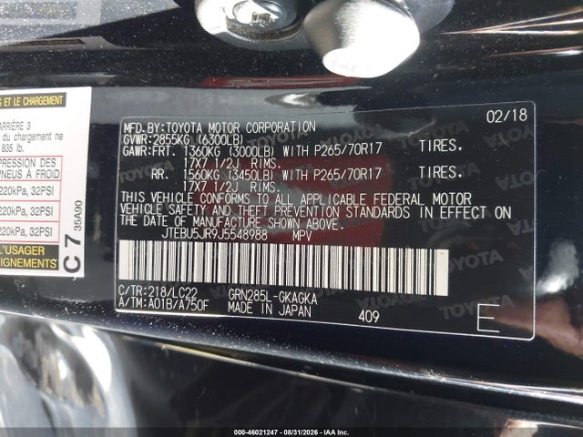 Aukcja sprzedaży 2018 Toyota 4runner Trd Off Road Premium, vin: JTEBU5JR9J5548988, numer aukcji: 46021247