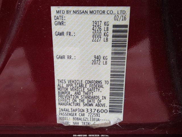 46021248 :رقم المزاد ، 1N4AL3AP3GN337600 vin ، 2016 Nissan Altima 2.5/2.5 S/2.5 Sl/2.5 Sr/2.5 Sv مزاد بيع