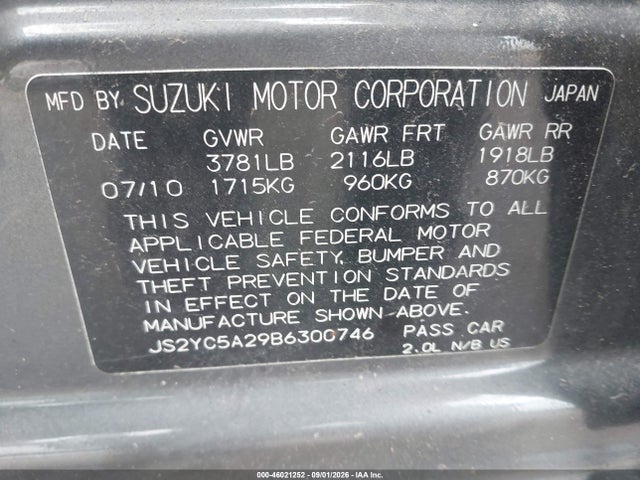Aukcja sprzedaży 2011 Suzuki Sx4 Le/le Anniversary Edition, vin: JS2YC5A29B6300746, numer aukcji: 46021252