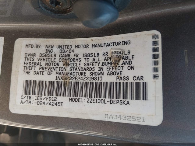 46021256 :رقم المزاد ، 1NXBR32E24Z319810 vin ، 2004 Toyota Corolla S مزاد بيع